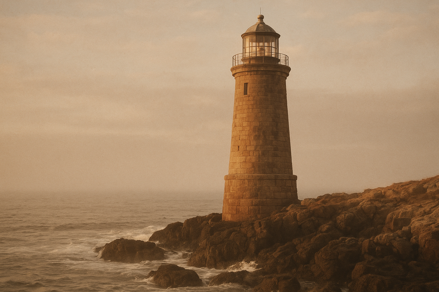 Historic stone lighthouse on a rugged northern coastline at golden hour with rolling sea mist