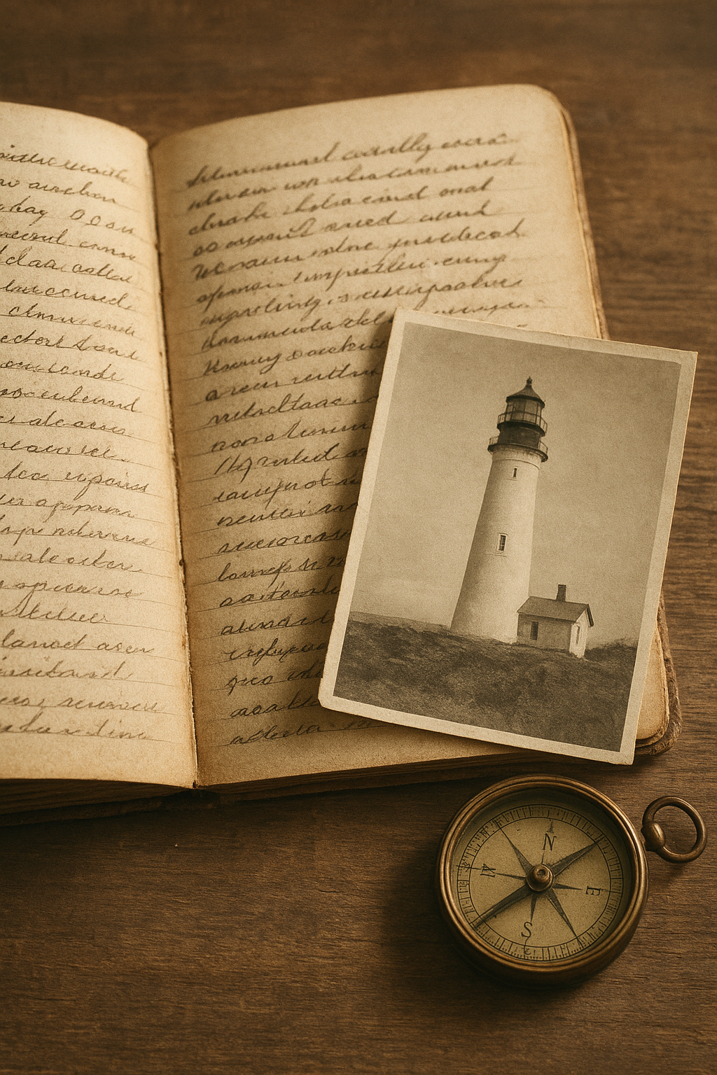 Warm archival close-up of a weathered lighthouse logbook beside a coastal beacon photograph