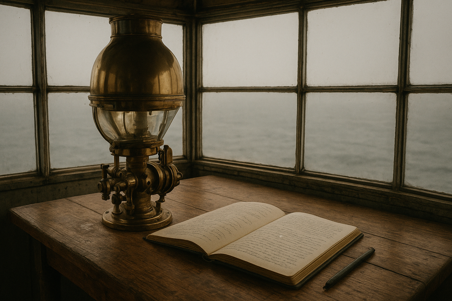 Archival lantern room interior with brass lamp mechanisms, logbook pages, and sea fog outside the glass panes