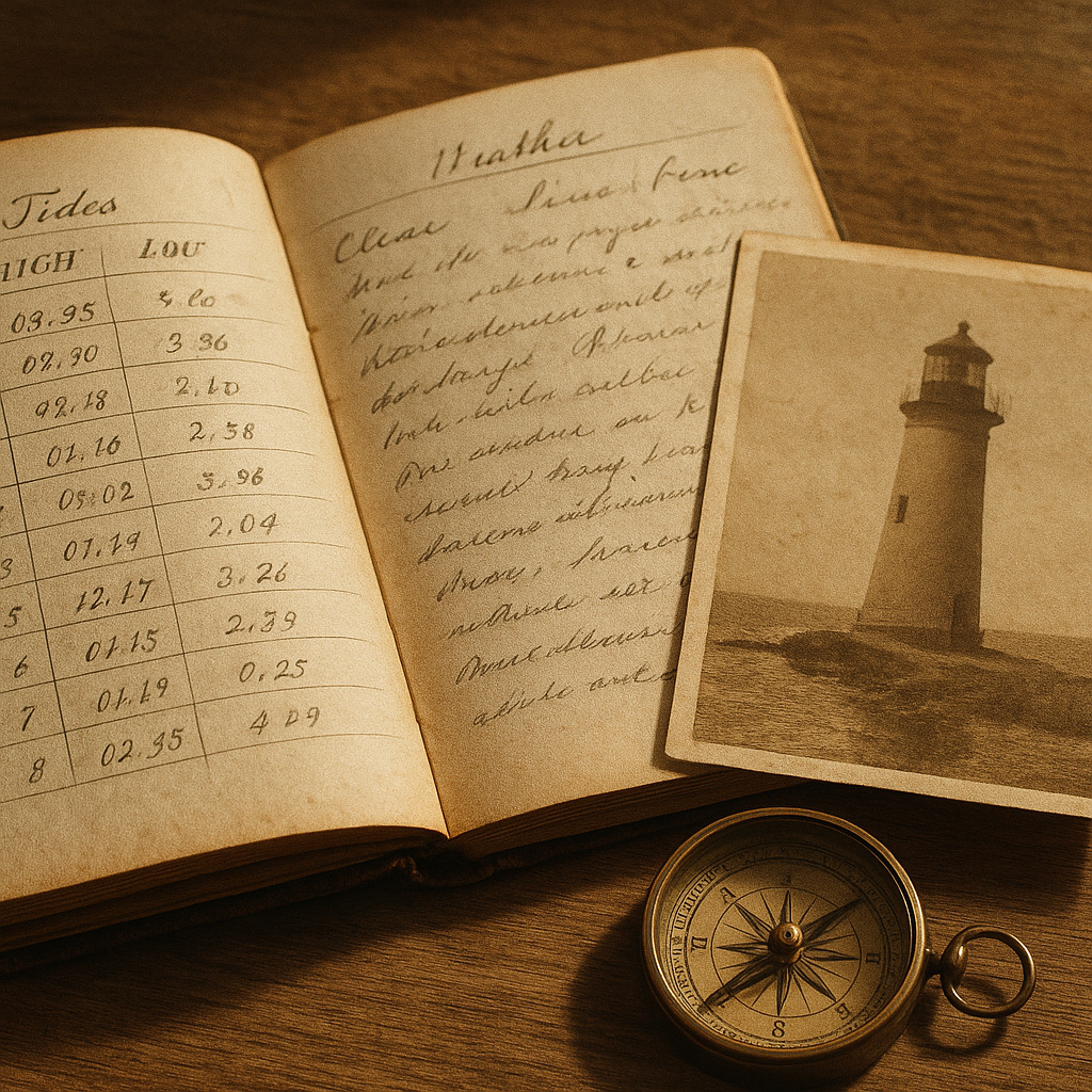 Supporting archival detail showing a keeper's logbook beside a sepia tower photograph with handwritten tide notes