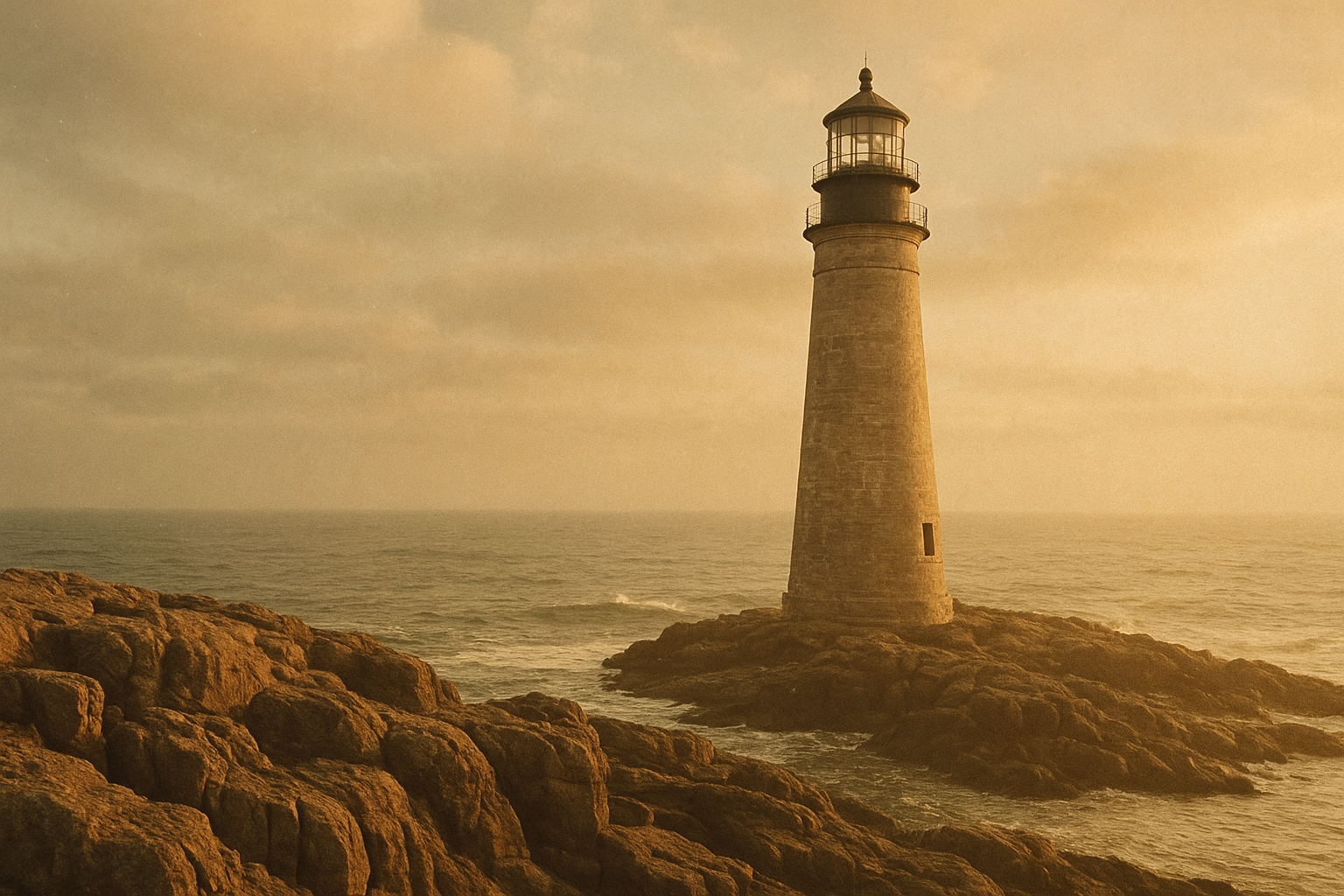 Archival coastal photograph of Storm Point Lighthouse on a rocky headland under warm late-afternoon light