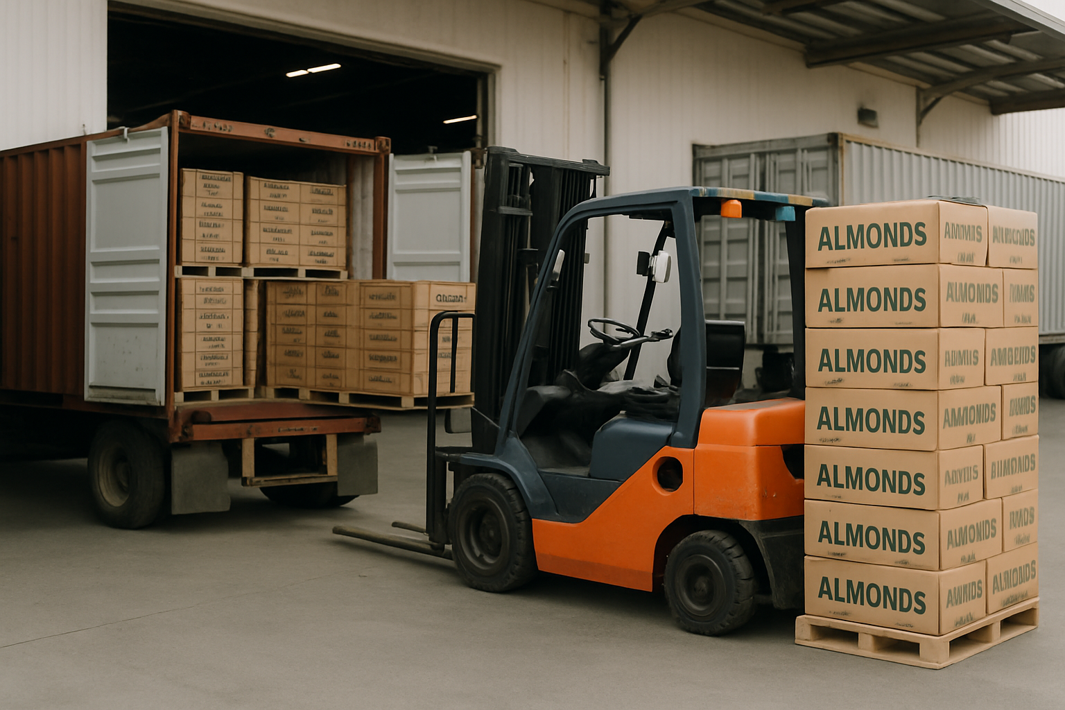 Sealed export containers at a California warehouse with stacked almond cartons and a forklift in the foreground