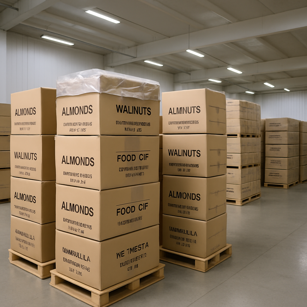 Stacked export cartons with clear labeling in a clean packing facility