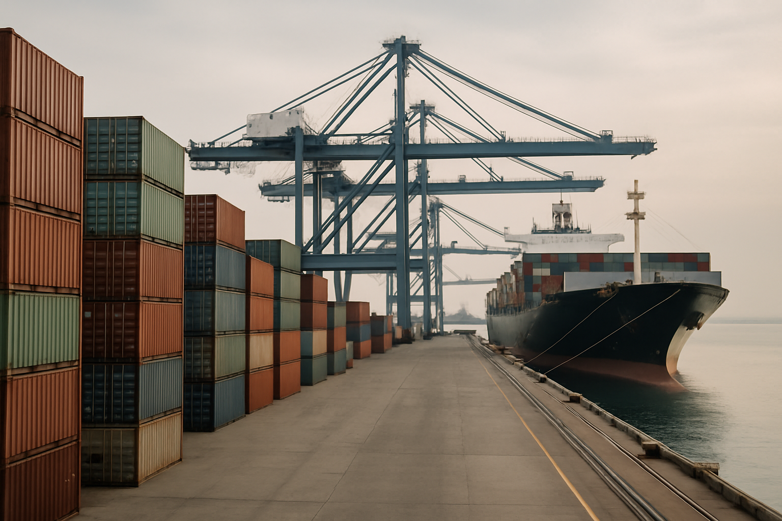 Container terminal at a coastal port with stacked shipping containers and a cargo ship at dock under soft daylight