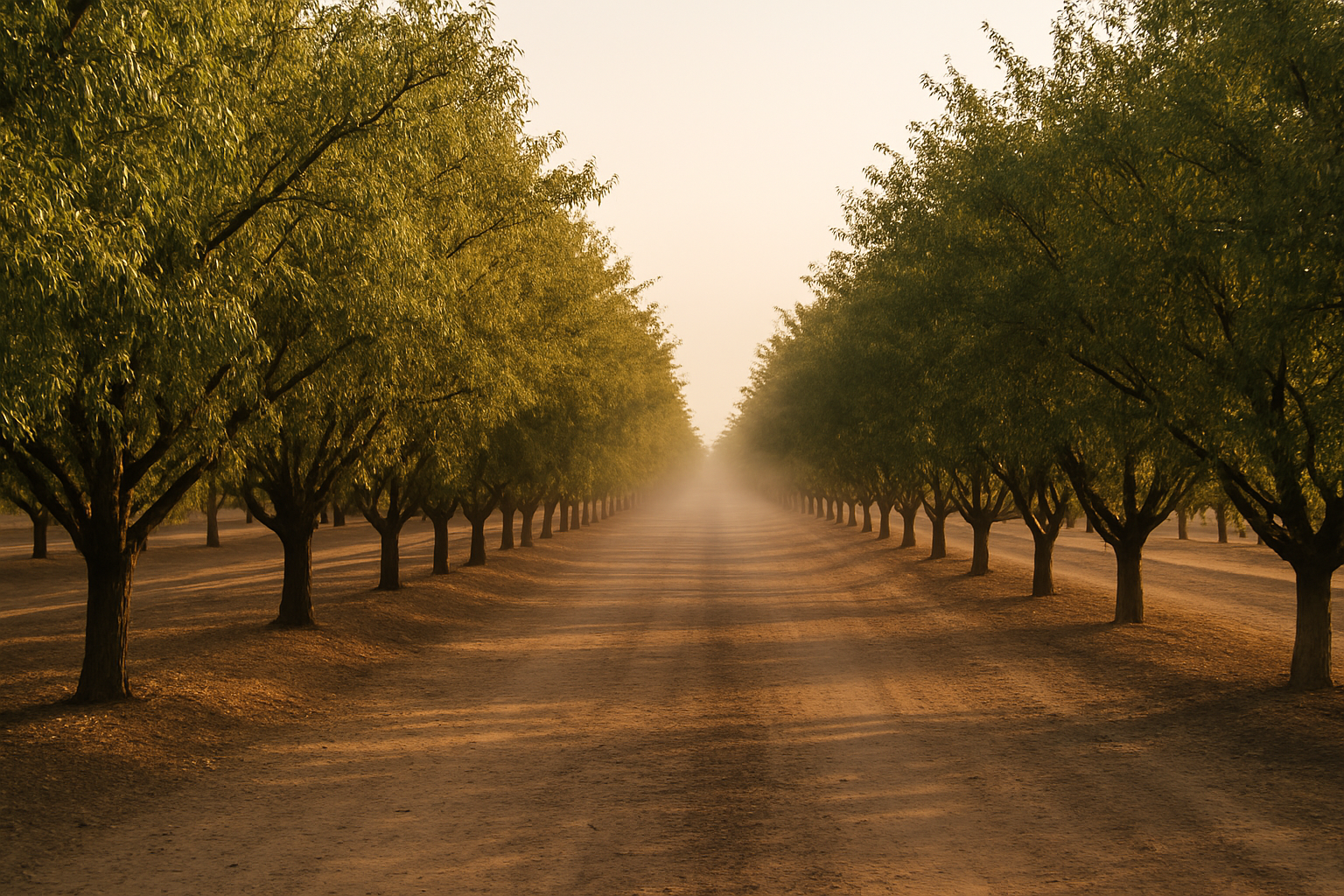 California almond orchard at harvest with rows of trees and sunlit dust