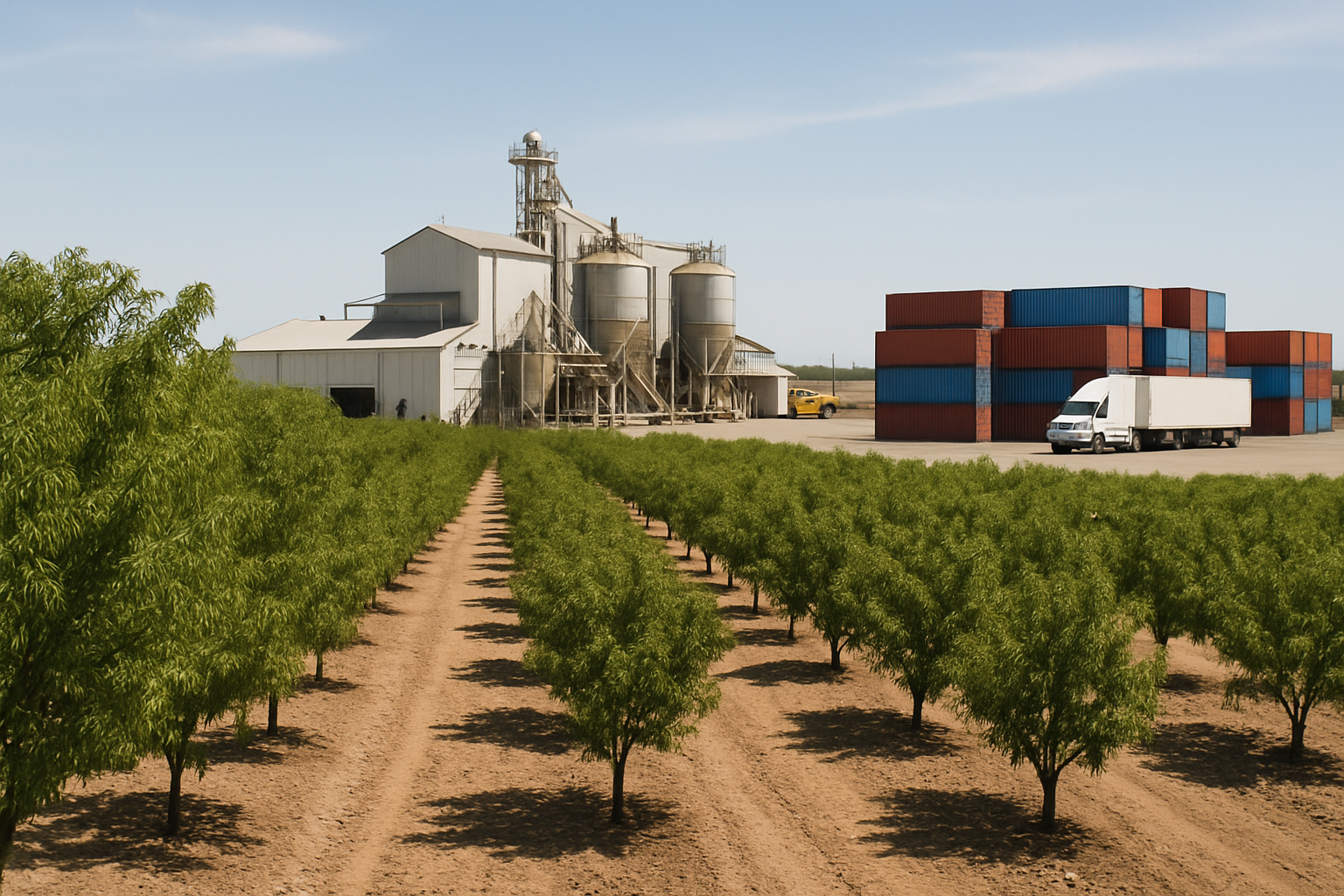 California almond orchard with processing facility and stacked shipping containers ready for export