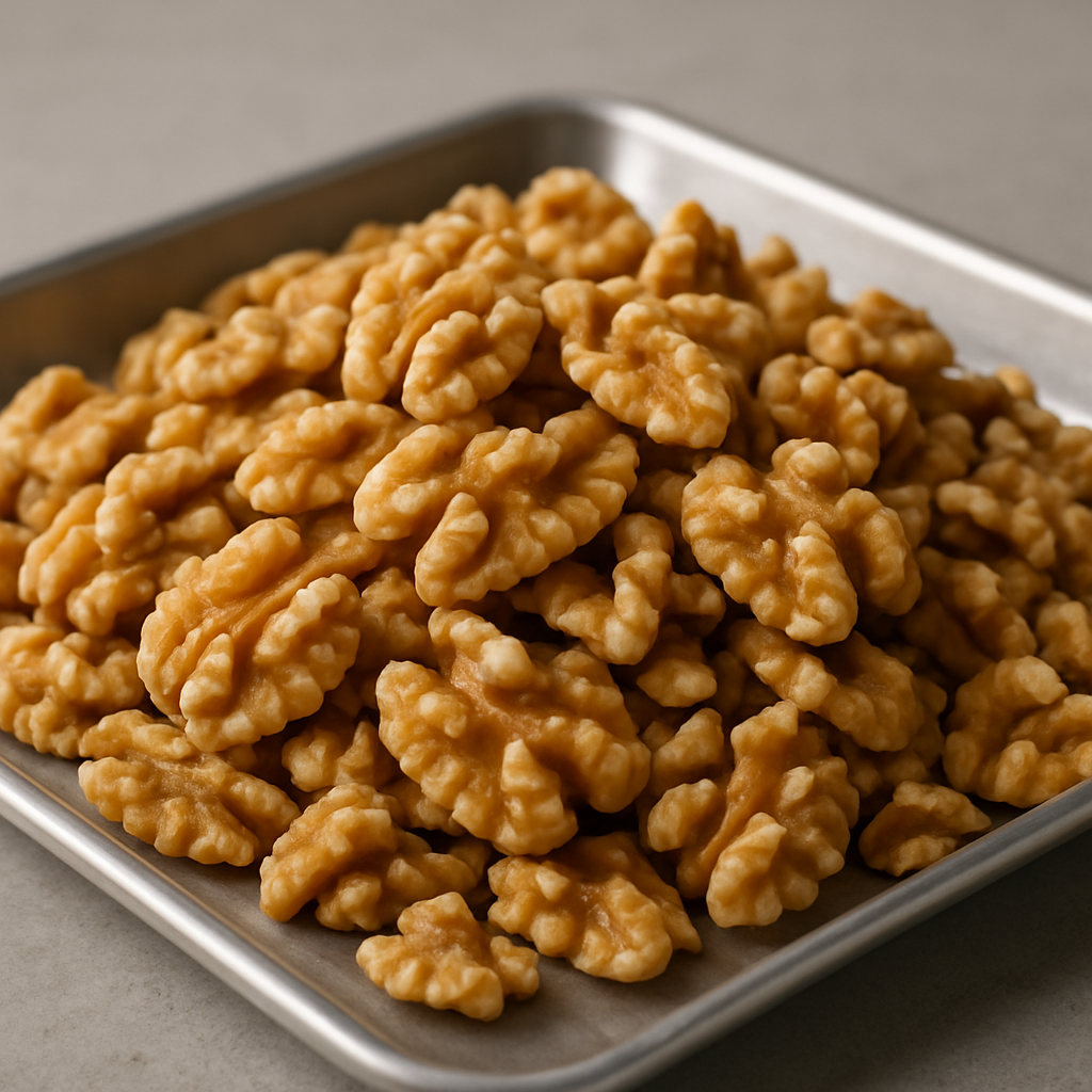 Close-up of light amber walnut halves and pieces on a stainless tray