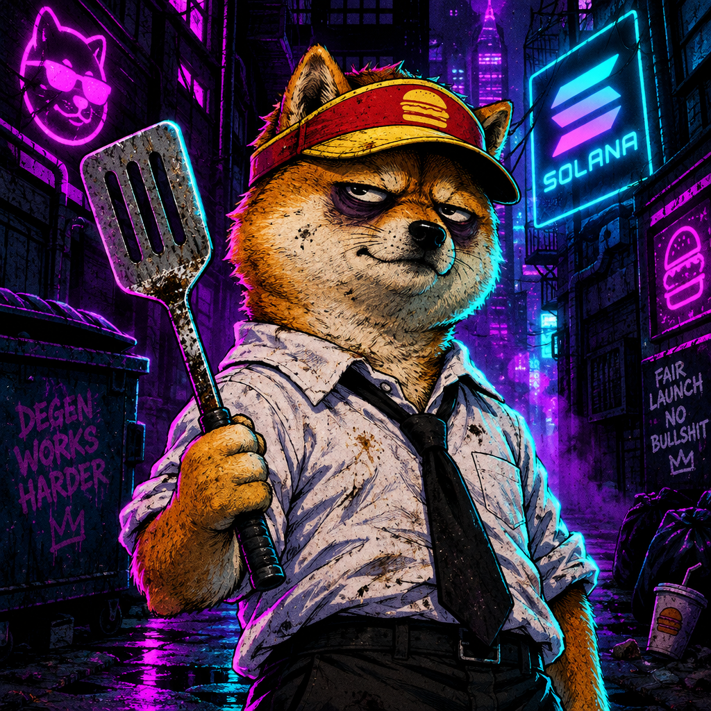 Burned-out Shiba-like office dog in a greasy fast-food visor and wrinkled tie, tired eyes, holding a spatula like a sword in a neon alley