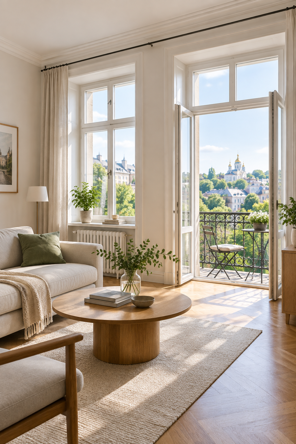 Sunlit Kyiv apartment interior with tall windows, warm oak flooring, and a leafy balcony view