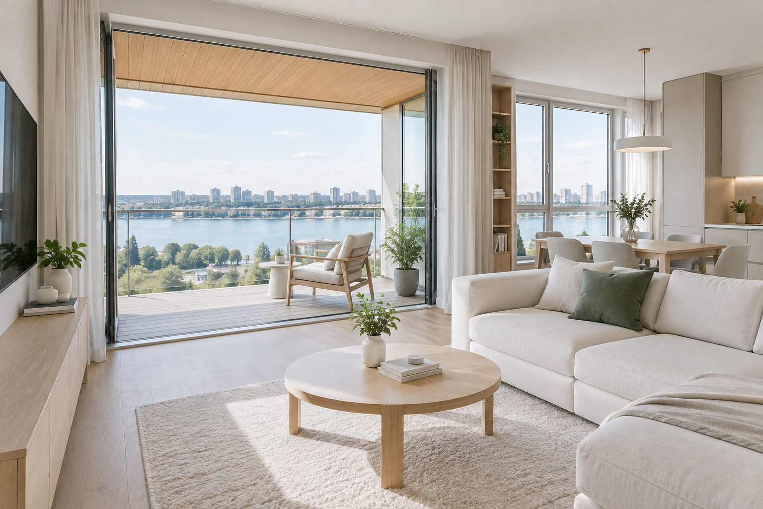 Modern Obolon apartment with a deep balcony, light wood details, and open lakeside-neighborhood views