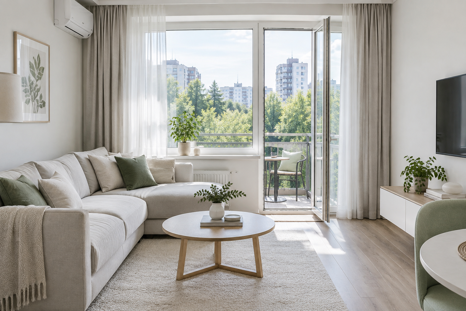 Bright Obolon apartment with a balcony, pale furnishings, and a view toward a leafy courtyard