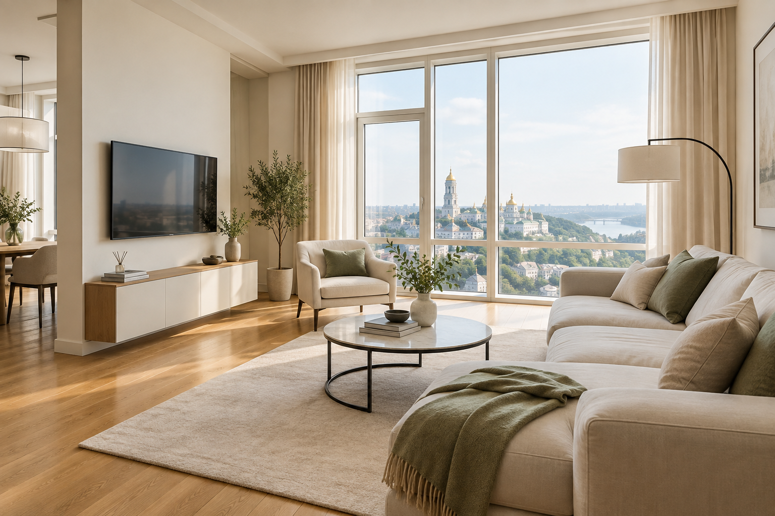 Airy Pechersk apartment living room with tall windows, warm oak floors, and a quiet neutral palette