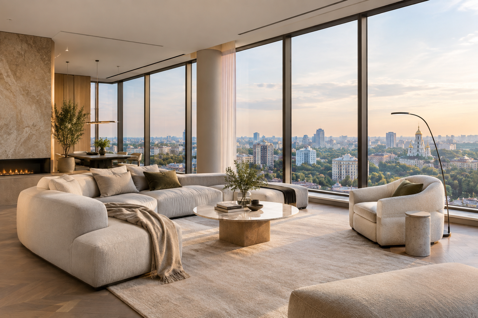 Refined Pechersk penthouse living space with floor-to-ceiling glazing and a broad city outlook