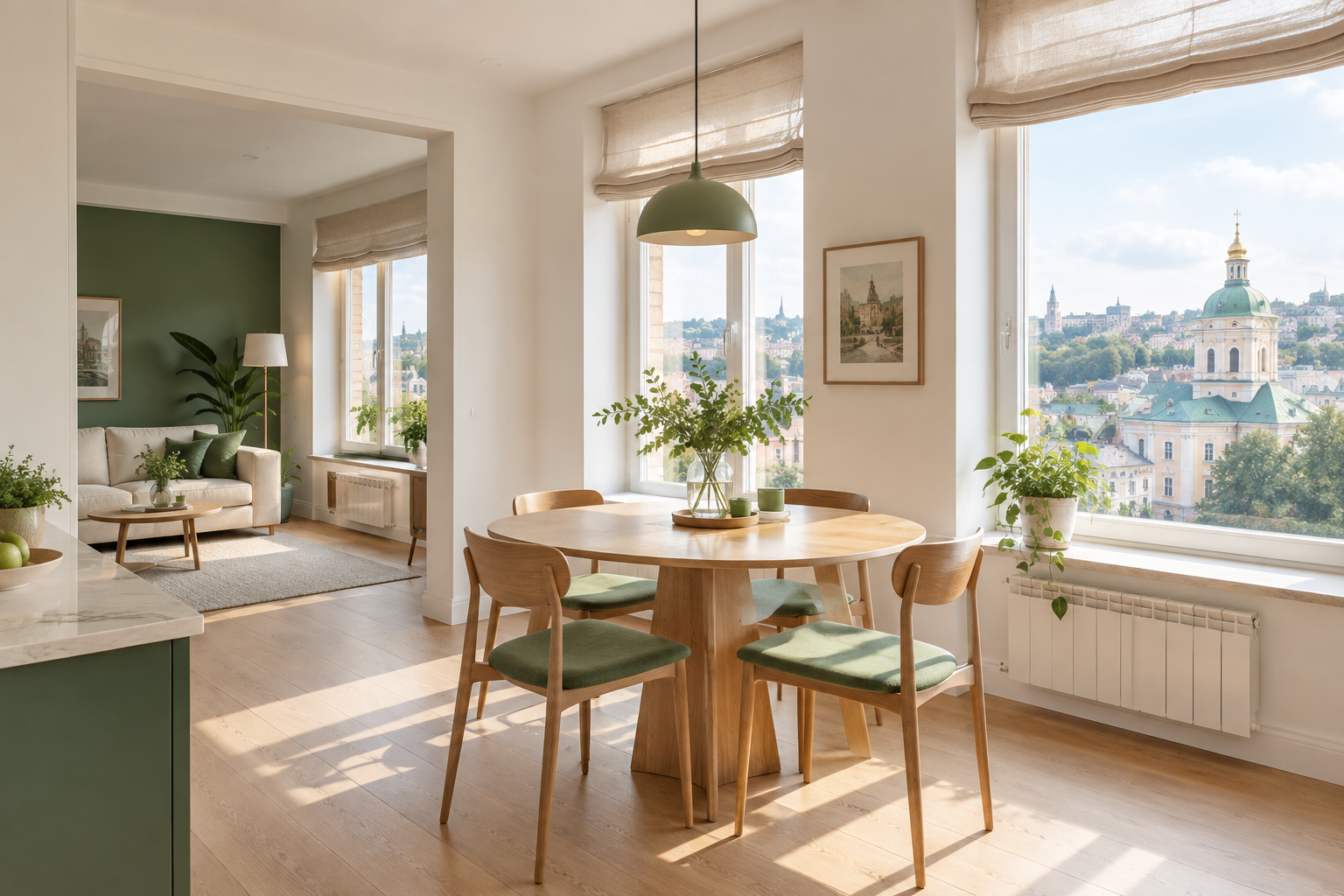 Calm Podil apartment with soft green accents, a sunny dining nook, and classic neighborhood character