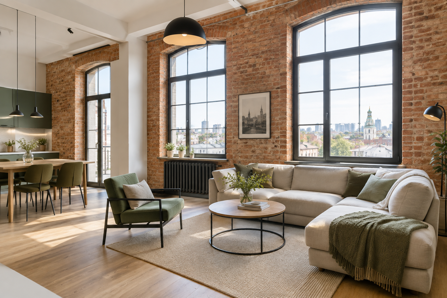 Renovated Podil apartment with brick accent wall, high ceilings, and large industrial-style windows