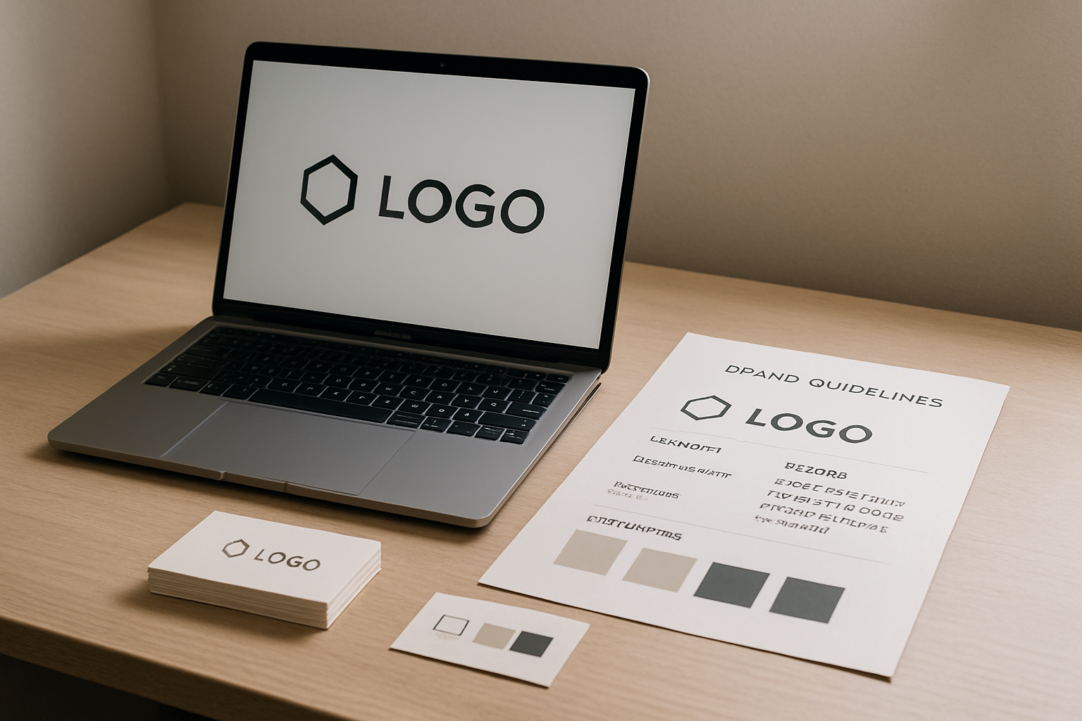 Modern workspace showcasing branded logo concepts and marketing materials for a small business