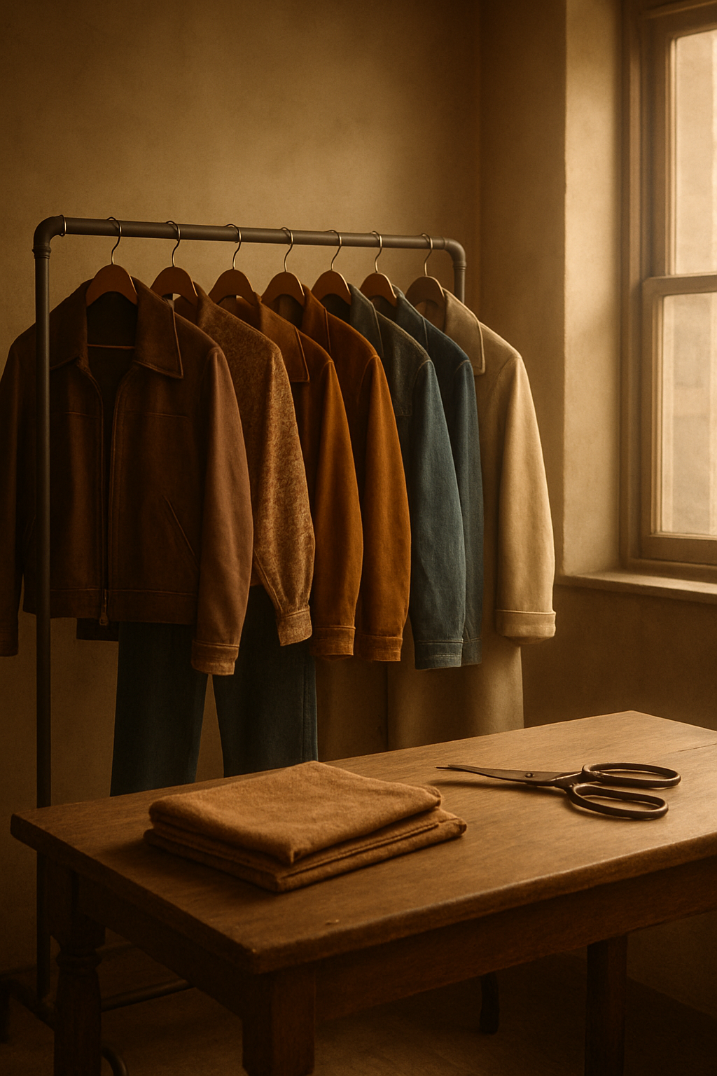 Warm vintage studio scene with a rack of 70s and 80s garments, a wooden table with scissors and fabric, and soft window light