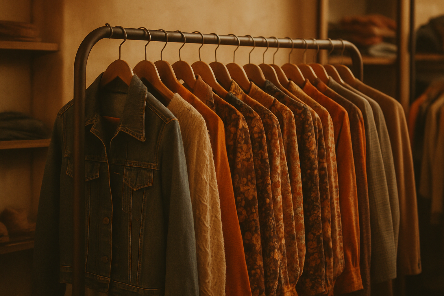 Editorial photo of a vintage clothing rack with warm film tones