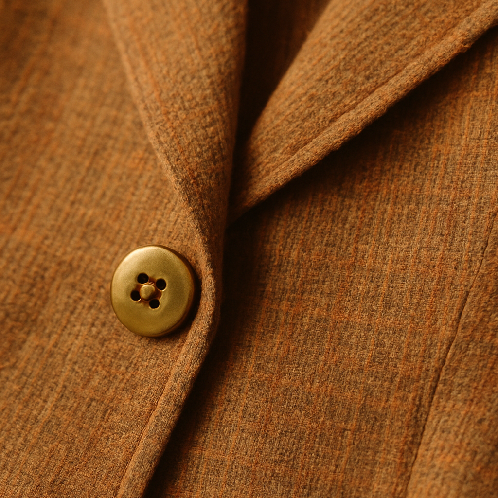 Close-up of a textured vintage blazer fabric in warm tones with a brass button and soft film grain