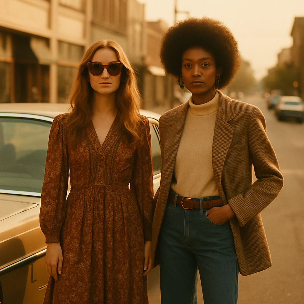 Two stylish models wearing 70s and 80s vintage outfits in warm film lighting, standing beside a classic car in a nostalgic street scene