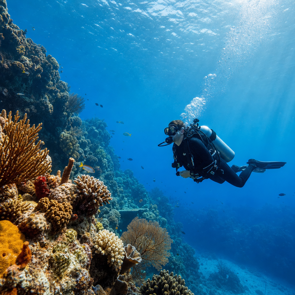 Buzo certificado explorando arrecife coralino profundo con guía local en Punta Cana