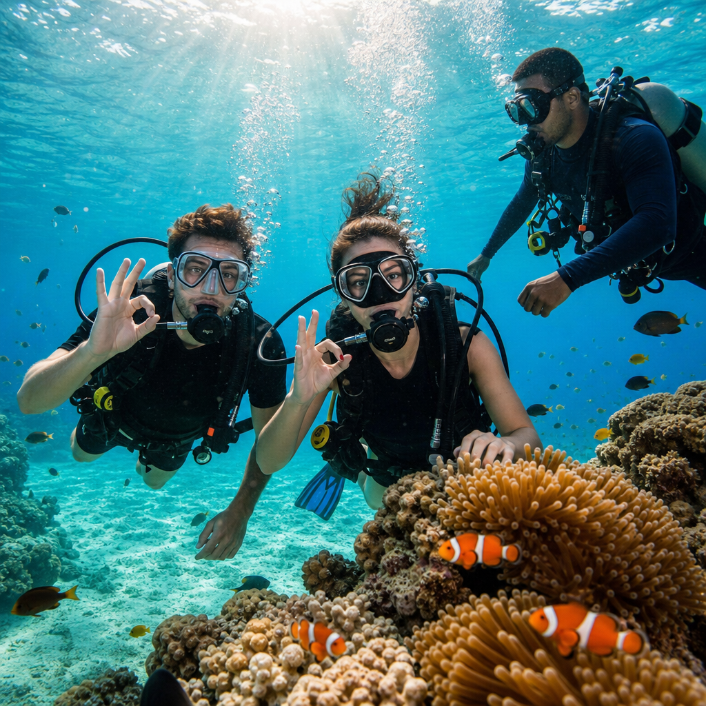 Pareja de turistas principiantes realizando su primera inmersión guiada en aguas turquesas de Punta Cana