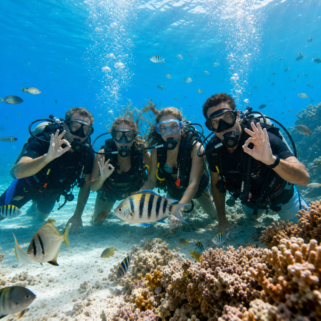 Grupo de turistas disfrutando tour de snorkel y buceo ligero en aguas cristalinas del Caribe