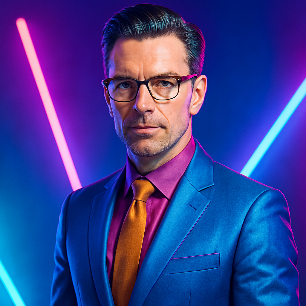 Testimonial photo of a visionary business leader in neon lighting