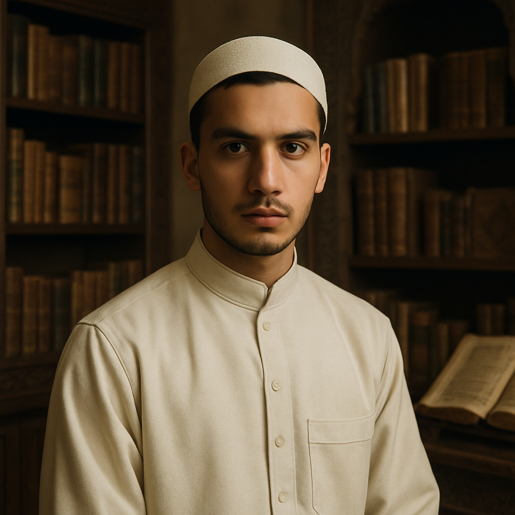 A dignified group of Islamic scholars studying classical texts together in a calm academic setting