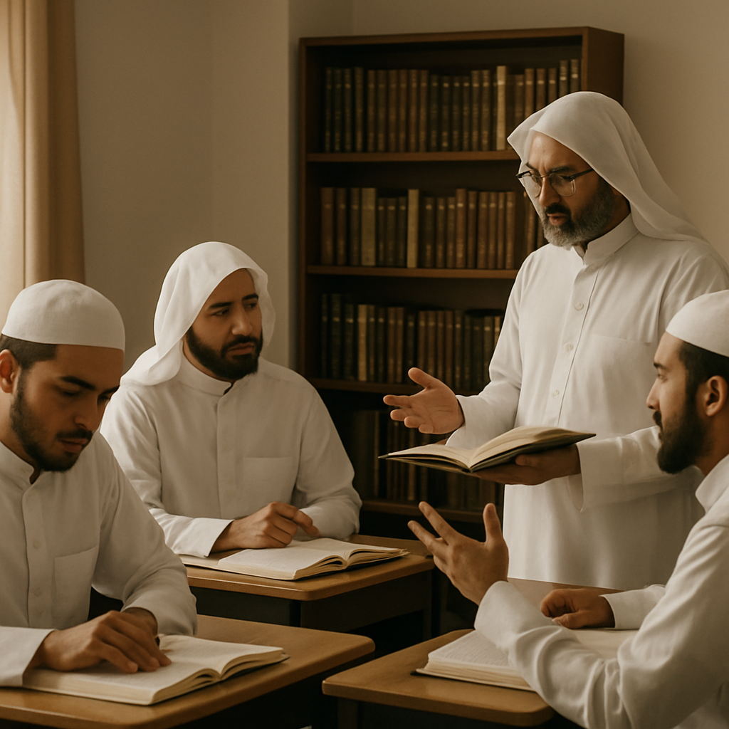 Wide group portrait of modern Muslim scholars, men and women, in dignified robes, turbans, and modest scholarly attire in an academic setting