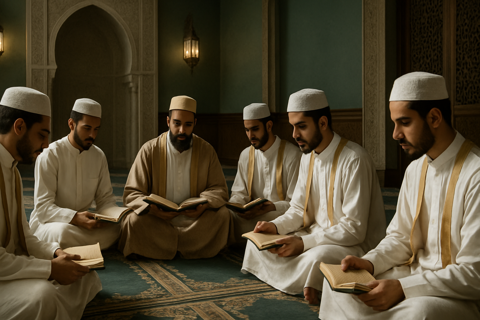 A calm mosque interior where young Muslim men sit in a traditional study circle, wearing dignified Saudi Sunni attire without agal, listening attentively to a teacher with books open in a respectful academic atmosphere.