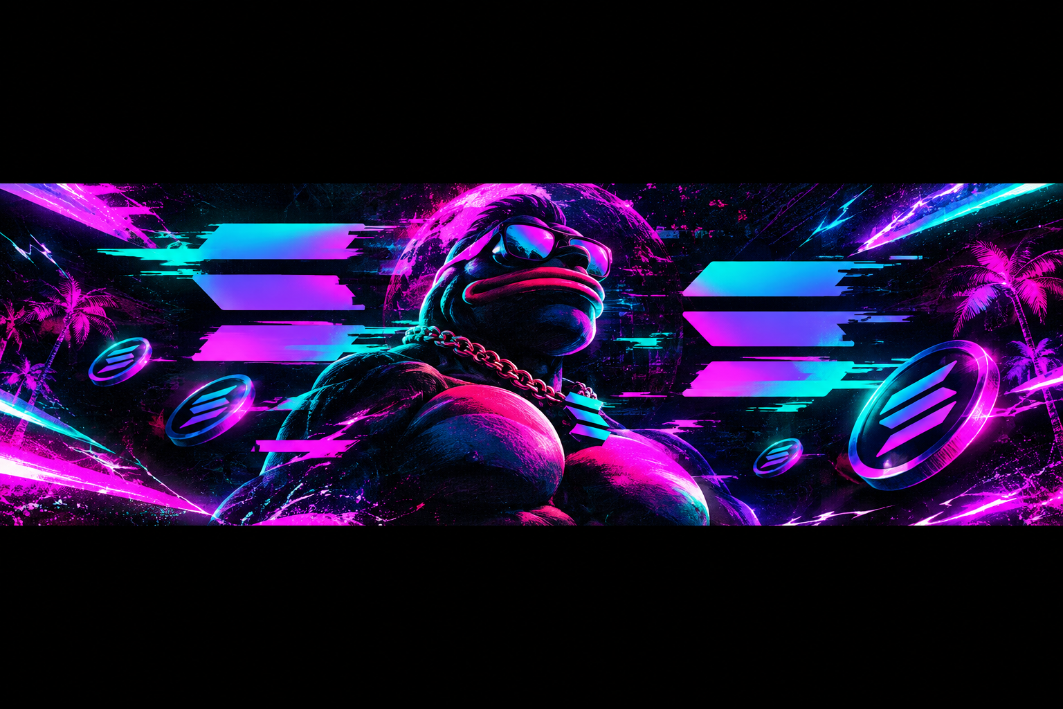 Neon web-punk horizontal meme art placeholder with glitch typography, Solana-inspired chaos symbols, and a dark futuristic backdrop