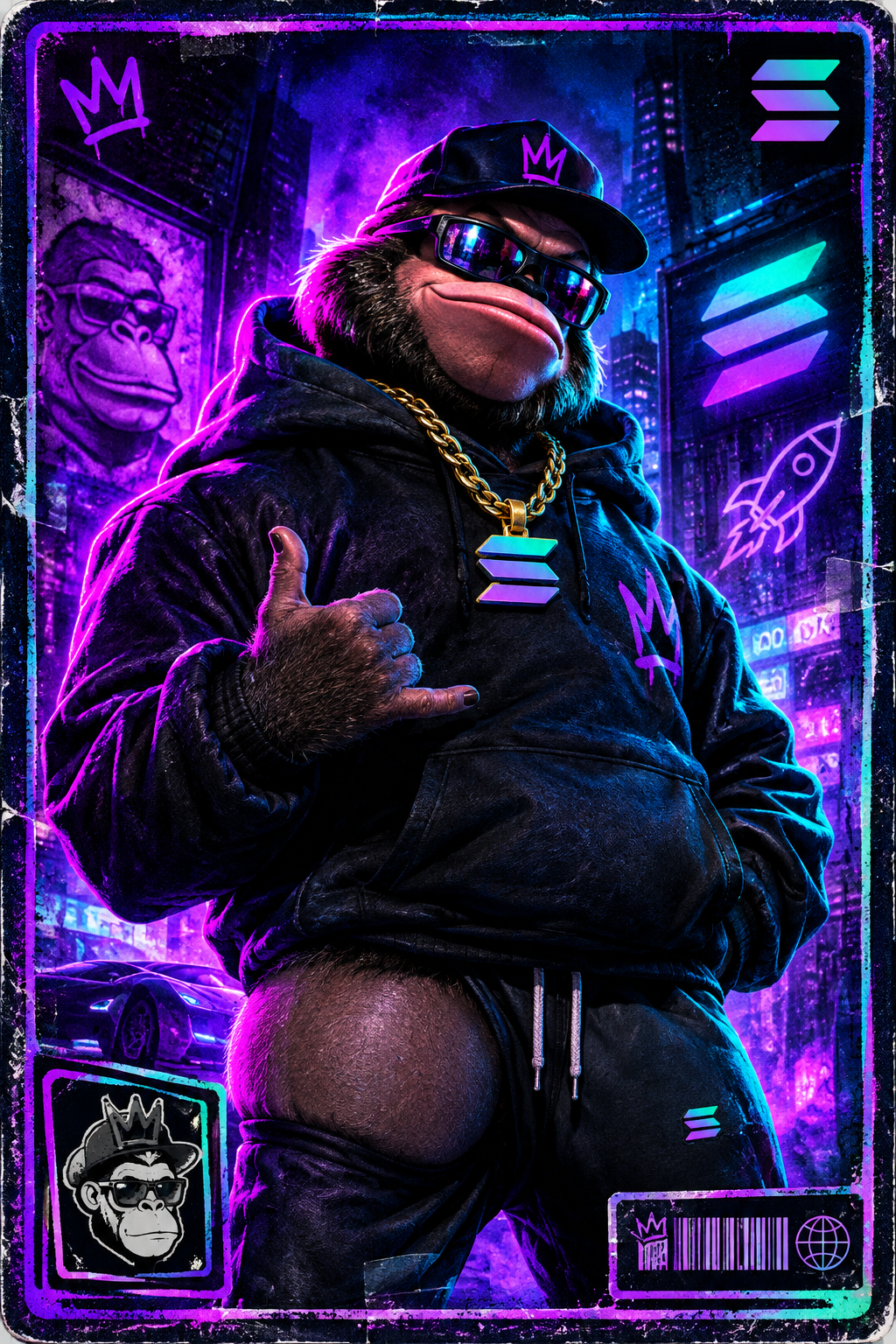 Chaotic meme character portrait styled like a degen dossier collectible, neon-lit streetwear figure with absurd confident pose