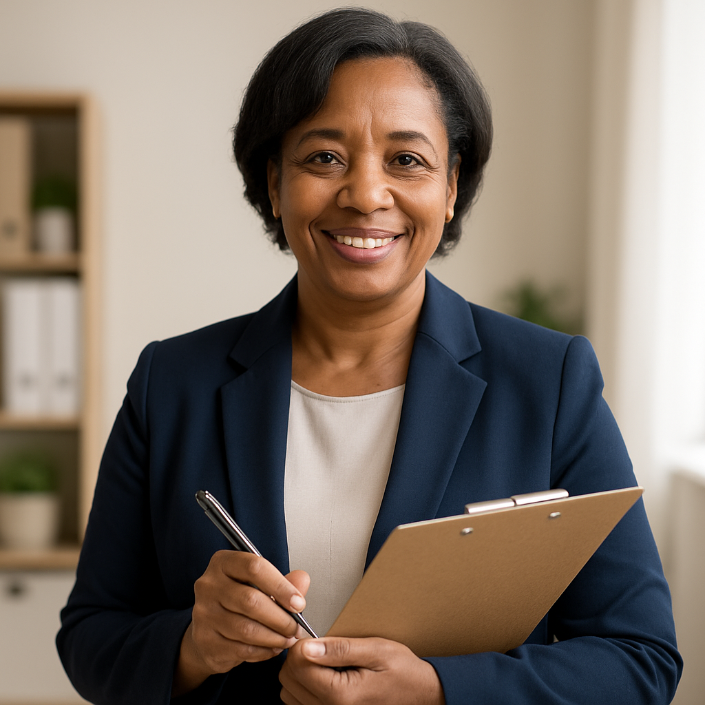 Warm, professional portrait of a middle-aged female mobile notary in a navy blazer holding a clipboard, smiling in a bright, tidy office setting