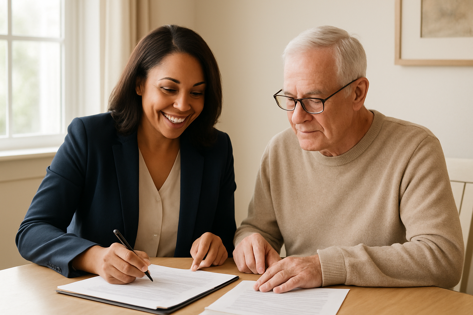 Friendly mobile notary in a navy blazer reviewing documents with a senior client at a bright dining table, paperwork neatly arranged