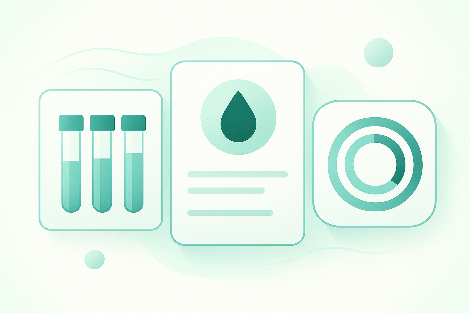 Modern wellness dashboard illustration with test tubes, a blood drop icon, and fitness activity rings in soft teal tones