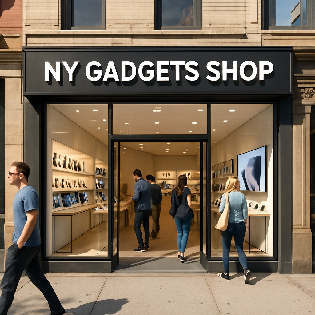 Exterior of NY Gadgets Shop in New York City, modern store design, bright, inviting entrance with tech displays visible, people browsing inside