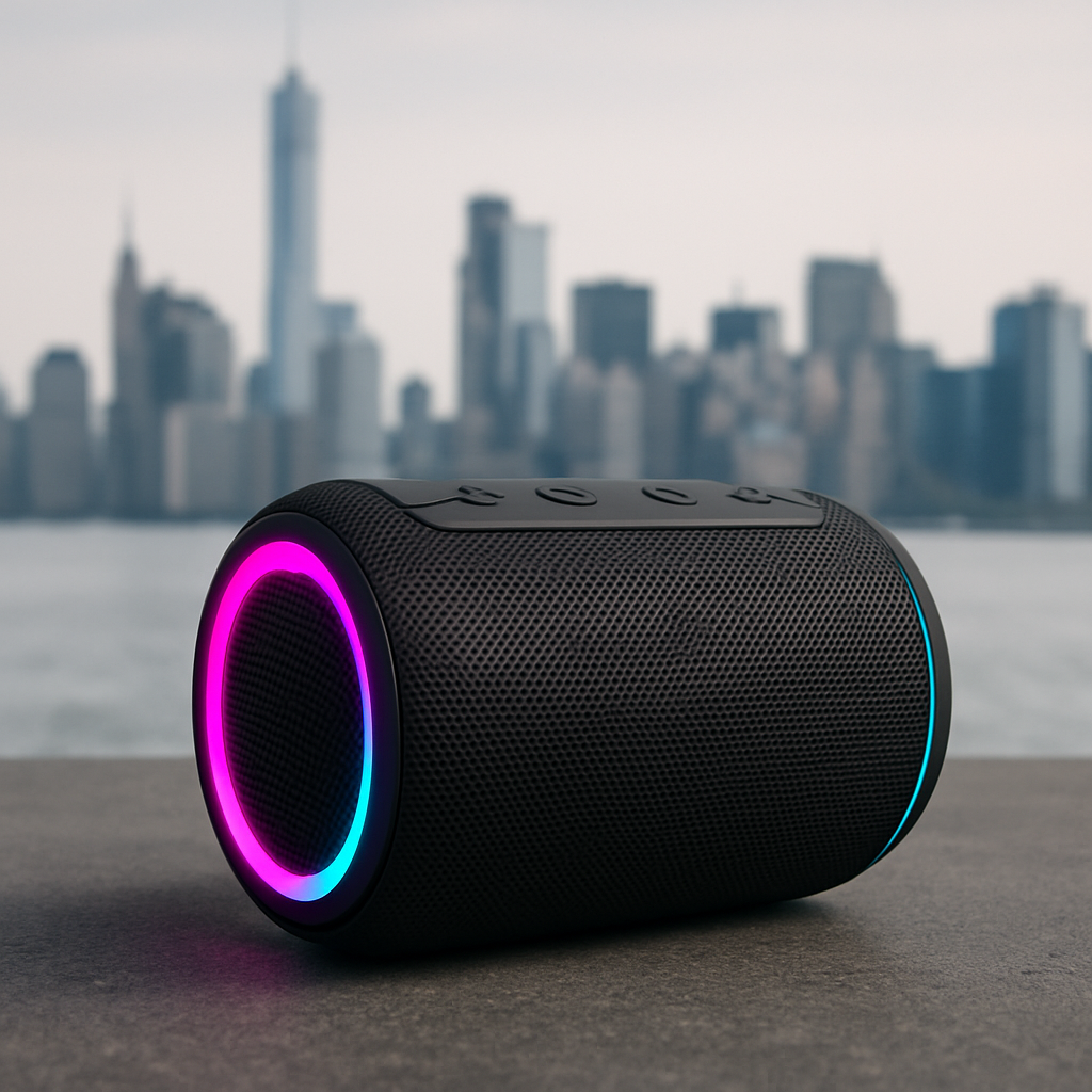 Compact portable speaker with magenta and blue LED accents, set on a cityscape background