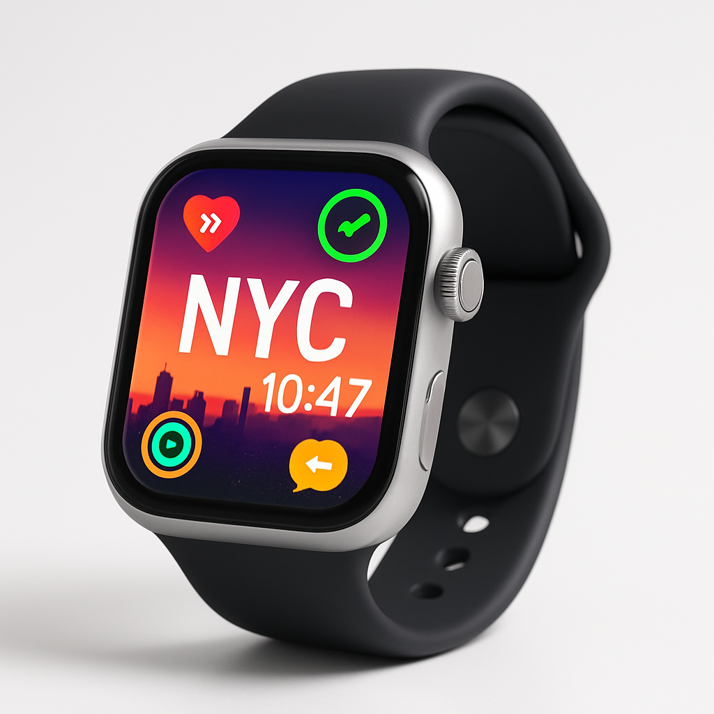 Modern smartwatch with vibrant display showing health and notification icons
