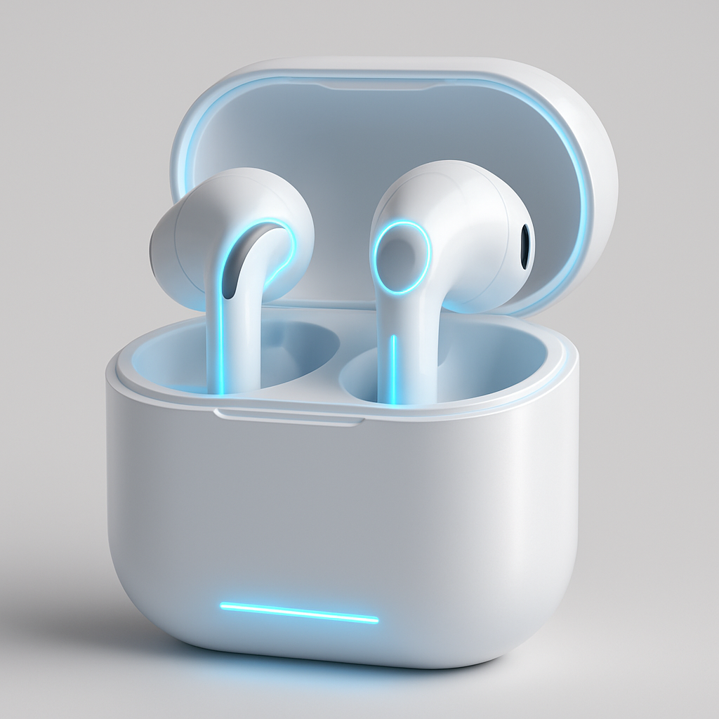 Sleek wireless earbuds in a charging case, glowing with blue LED accents