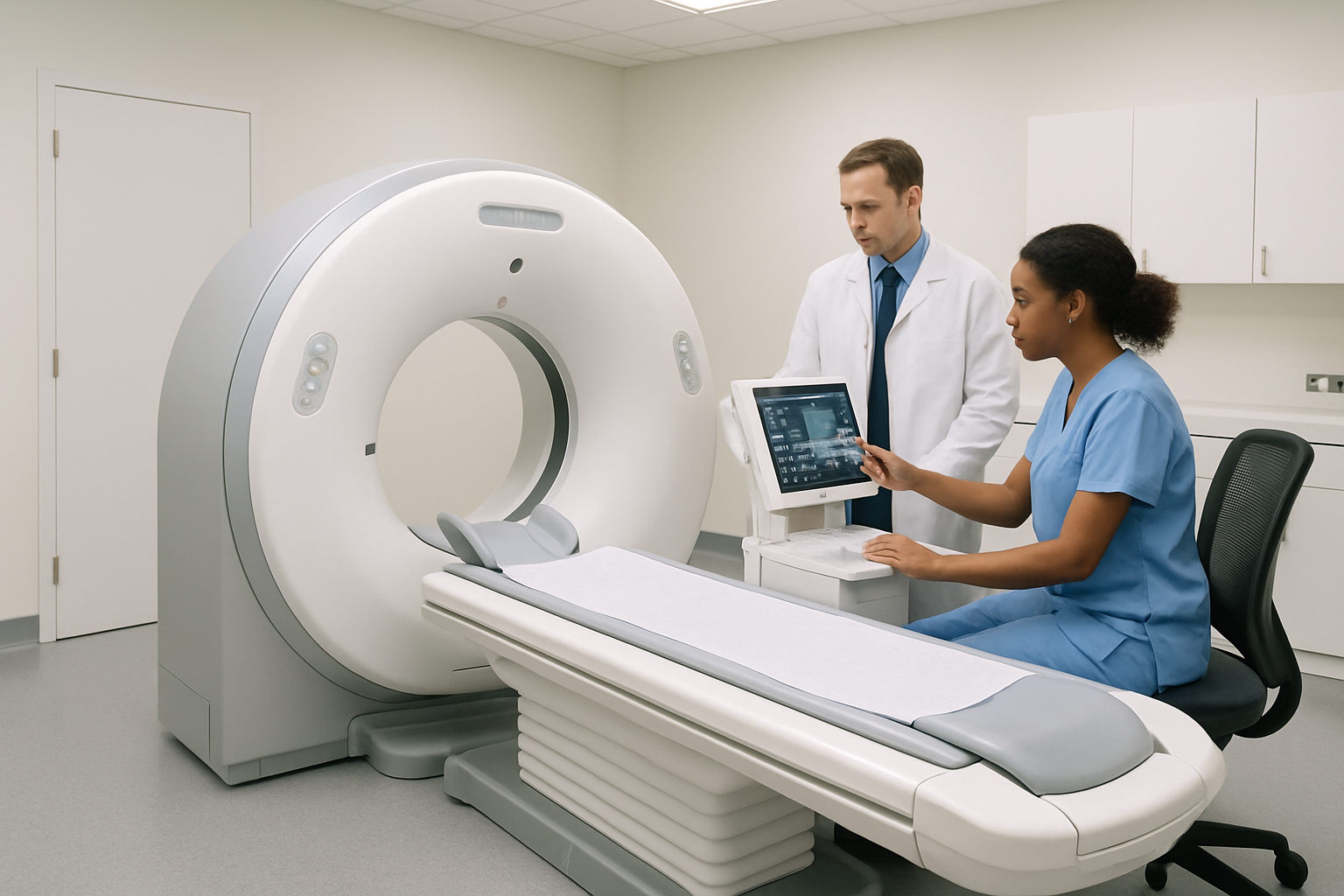 Refurbished CT scanner in a modern hospital imaging suite, clinicians reviewing controls under soft clinical lighting