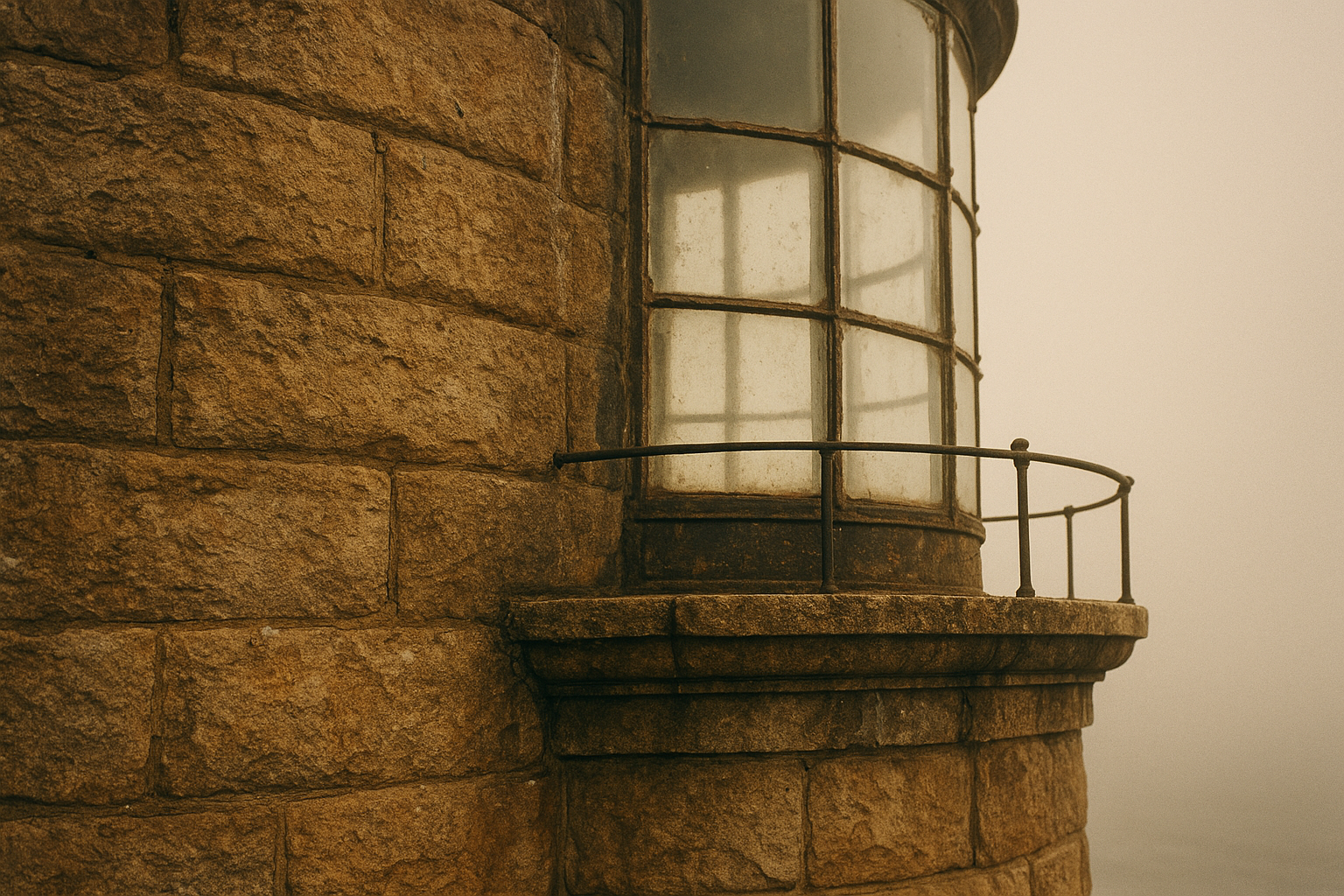 Close archival detail of weathered lighthouse stonework beside lantern-room glass