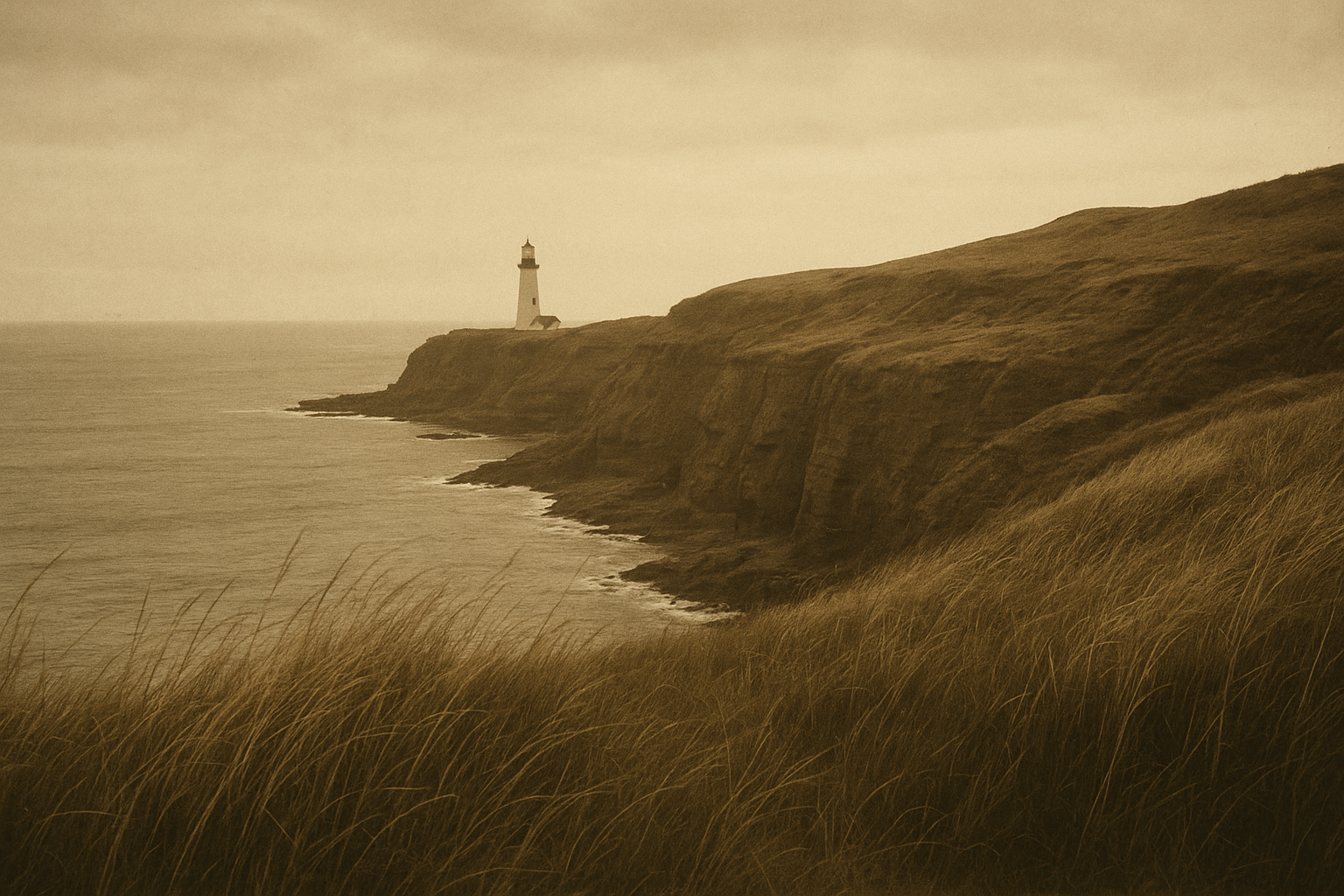 Wide clifftop shoreline view with lighthouse in the distance