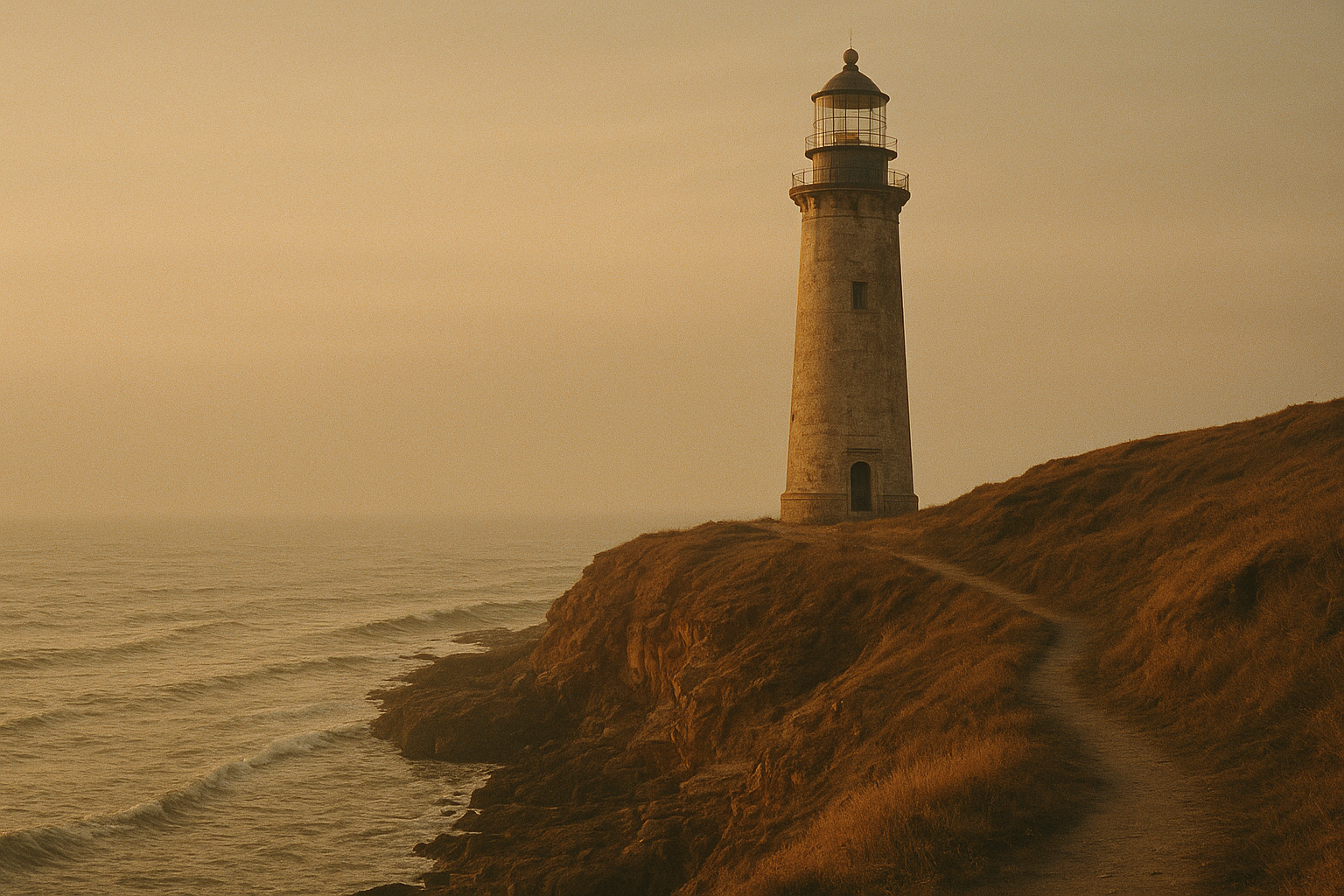 Warm archival-style photograph of a northern coast lighthouse on a rugged shoreline at golden hour with textured sea air and gentle film grain