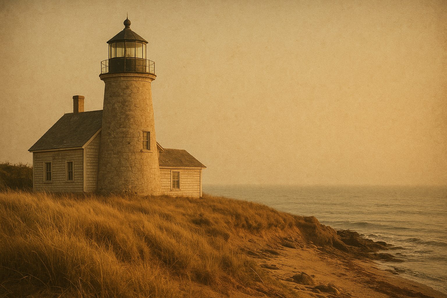Warm documentary coastal scene with a historic lighthouse, weathered stone tower, keeper dwelling, and textured shoreline at golden-hour light