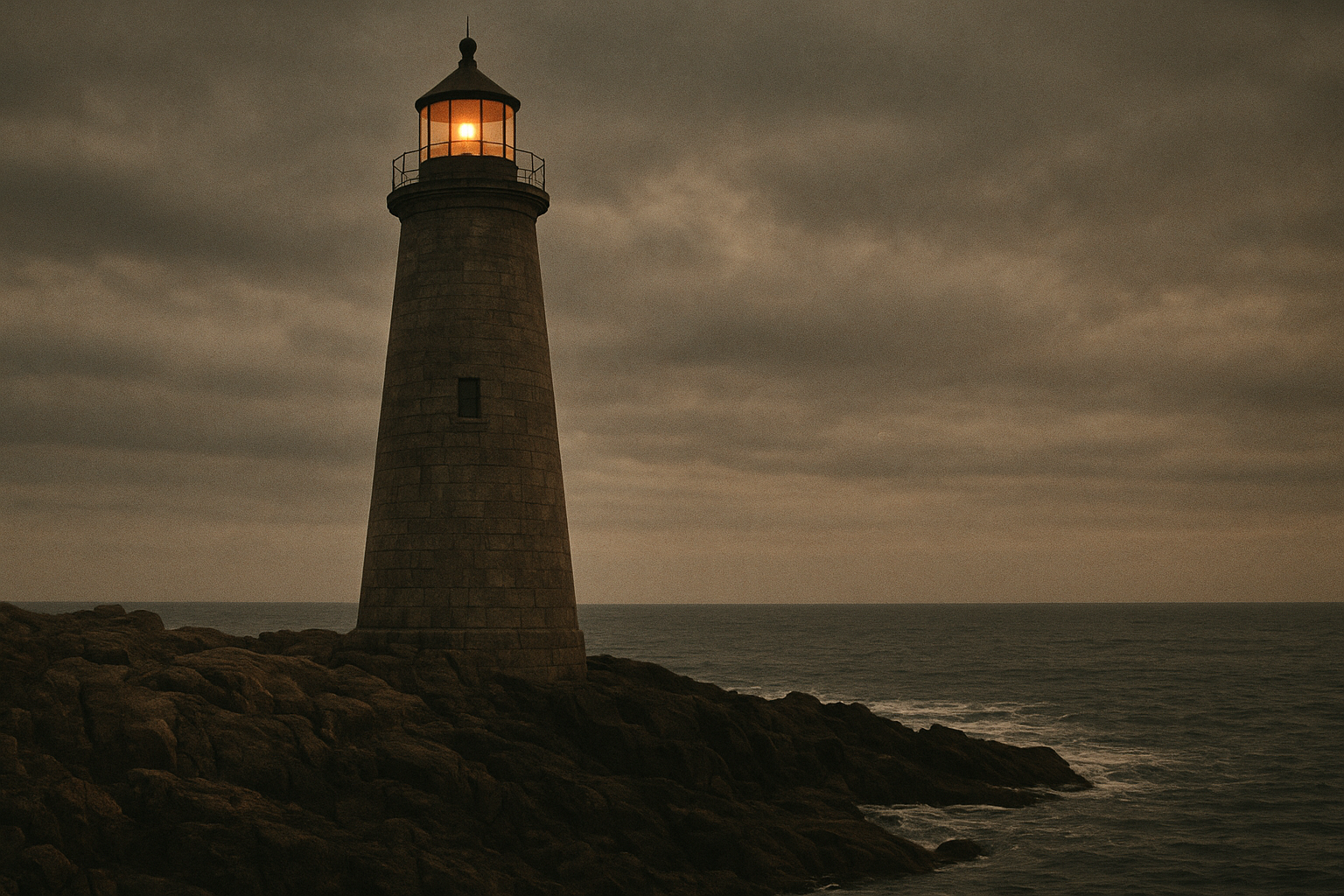 Tall granite lighthouse above dark coastal rocks at dusk