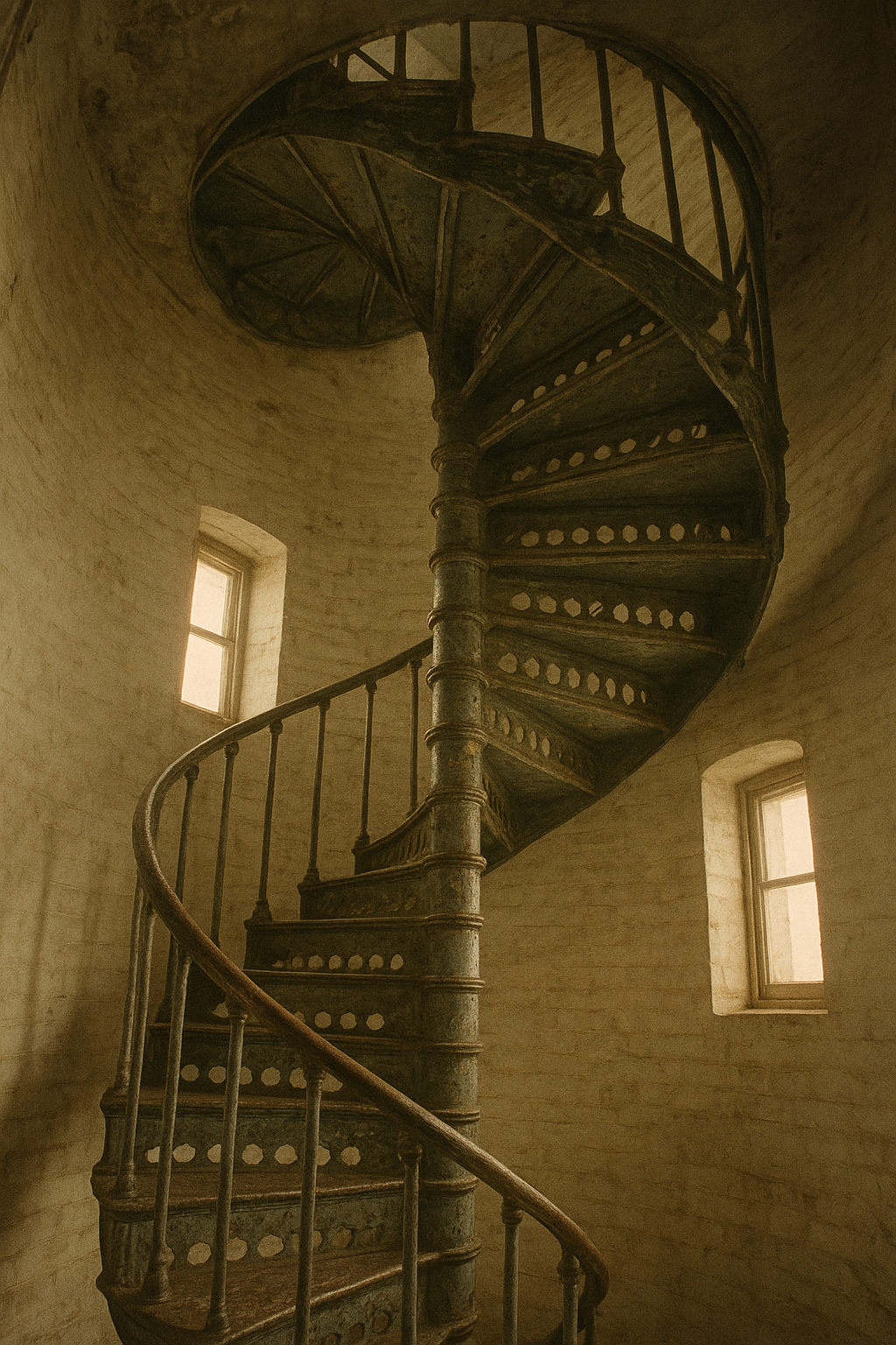 Cast-iron spiral staircase inside a lighthouse shaft