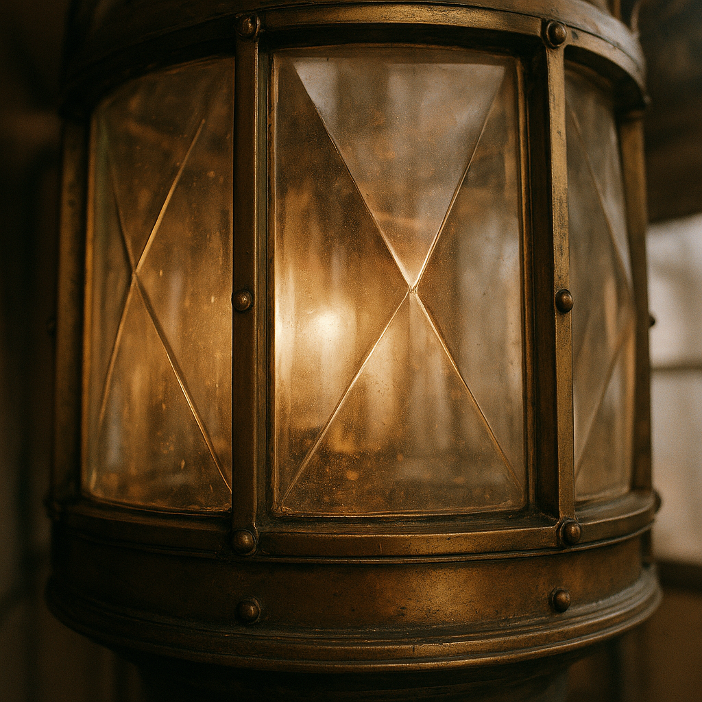 Close view of glass lantern prisms and brass fittings