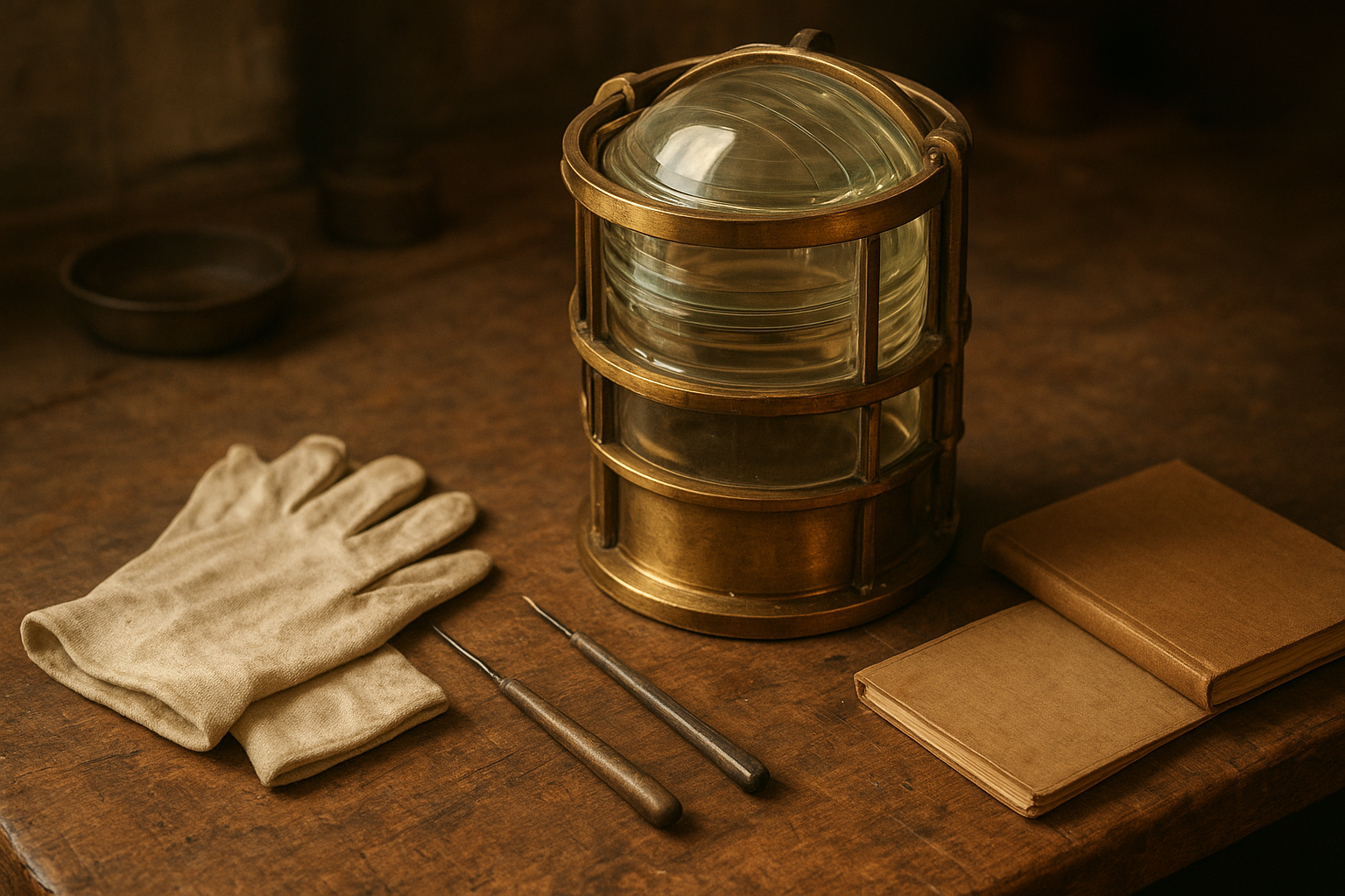 Preservation tools laid beside a polished brass lens housing