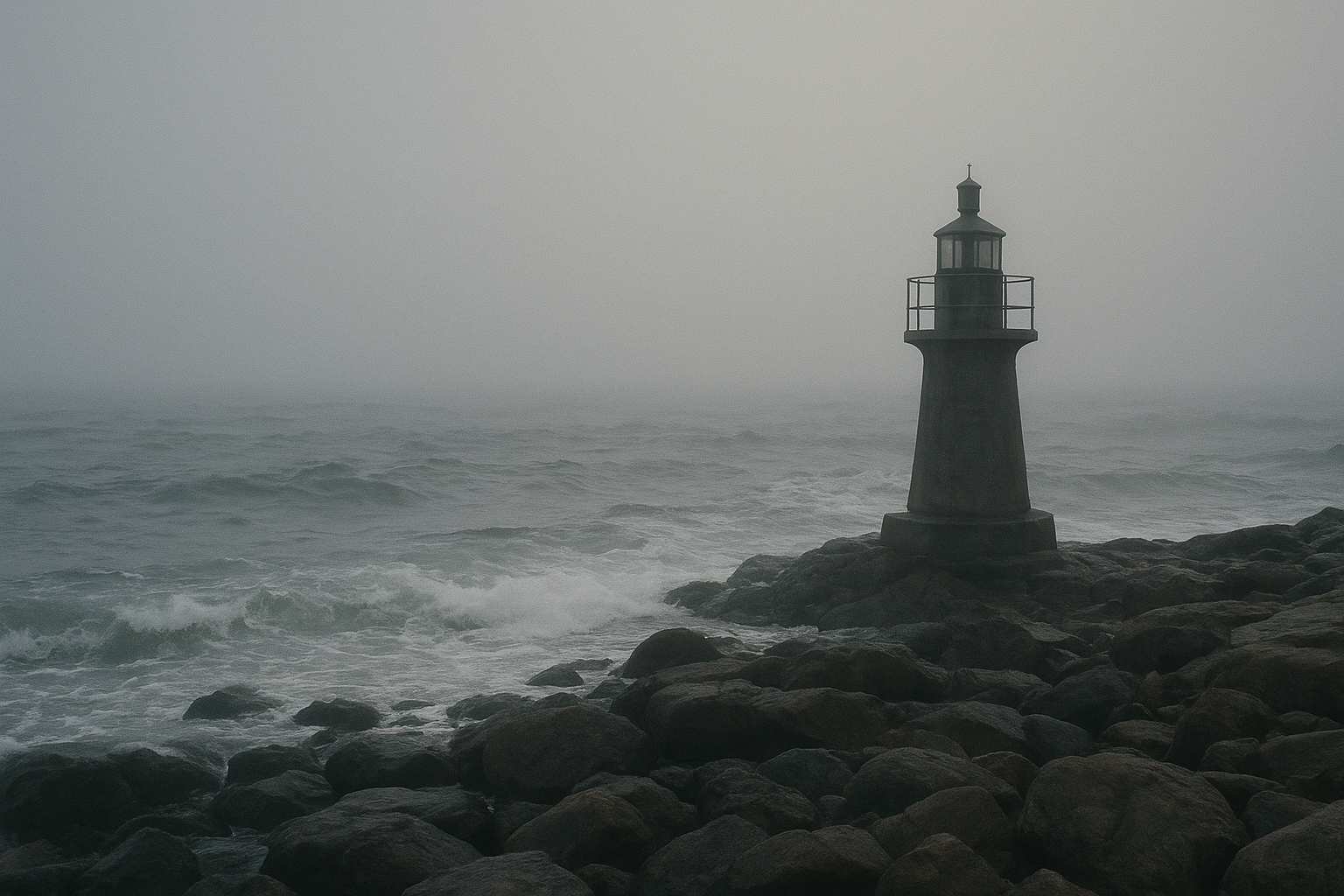 Low beacon beside a foggy shoreline with rough winter surf
